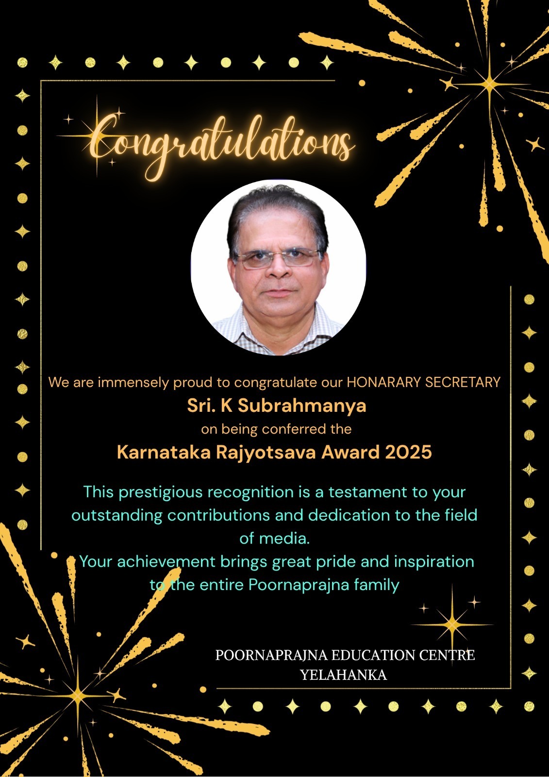 Karnataka Rajyotsava Award for our Hon. Secretary